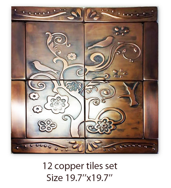 Birds and Flowers Copper Tiles - Set of 12